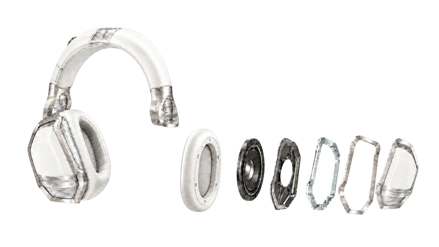 SONA H1のイヤーパッド、ドライバー、内部バッフル、透明音響フレーム、金属トリム、外装カバーの分解構造