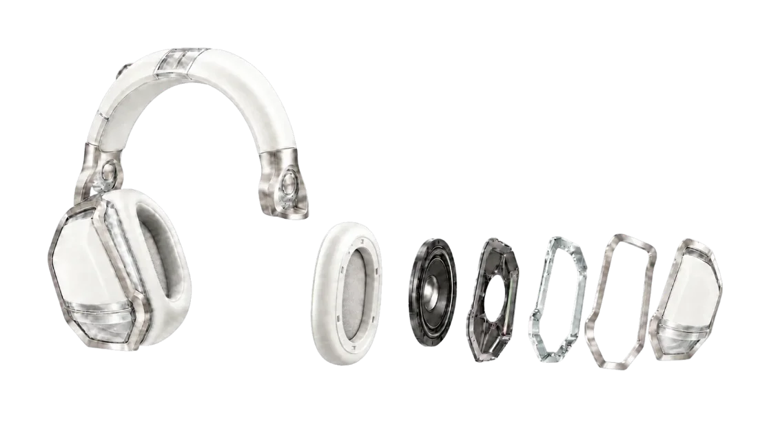 SONA H1のイヤーパッド、ドライバー、内部バッフル、透明音響フレーム、金属トリム、外装カバーの分解構造